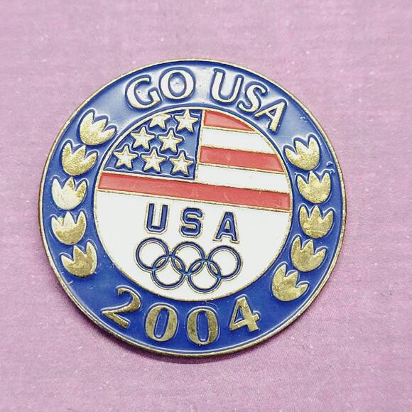 Athens Greece 2004 Go Team USA Flag Souvenir Olympic Rings Lapel Hat Pin Badge - Picture 1 of 4